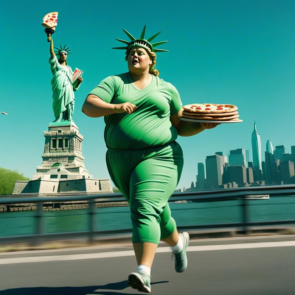Overweight Statue of Liberty Runs with Pizzas