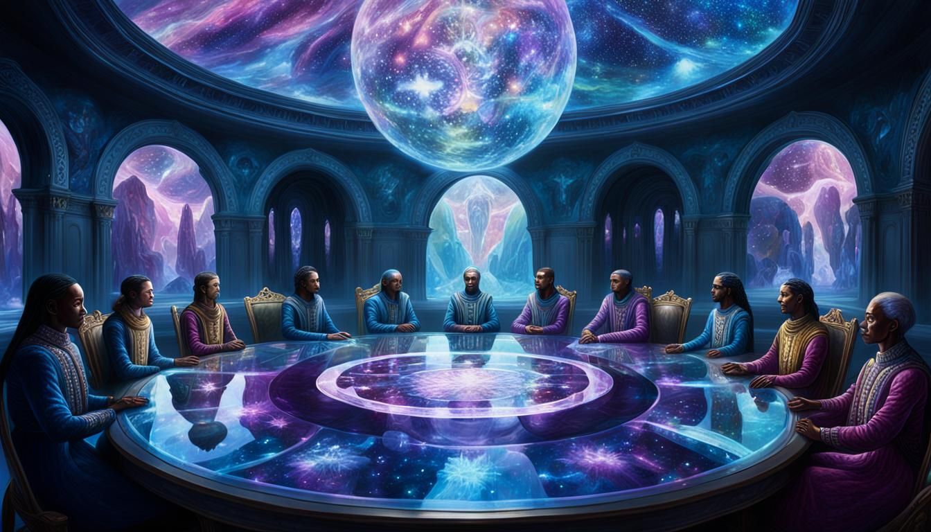 Ethereal Beings Gather in Crystalline Chamber: Surreal Art