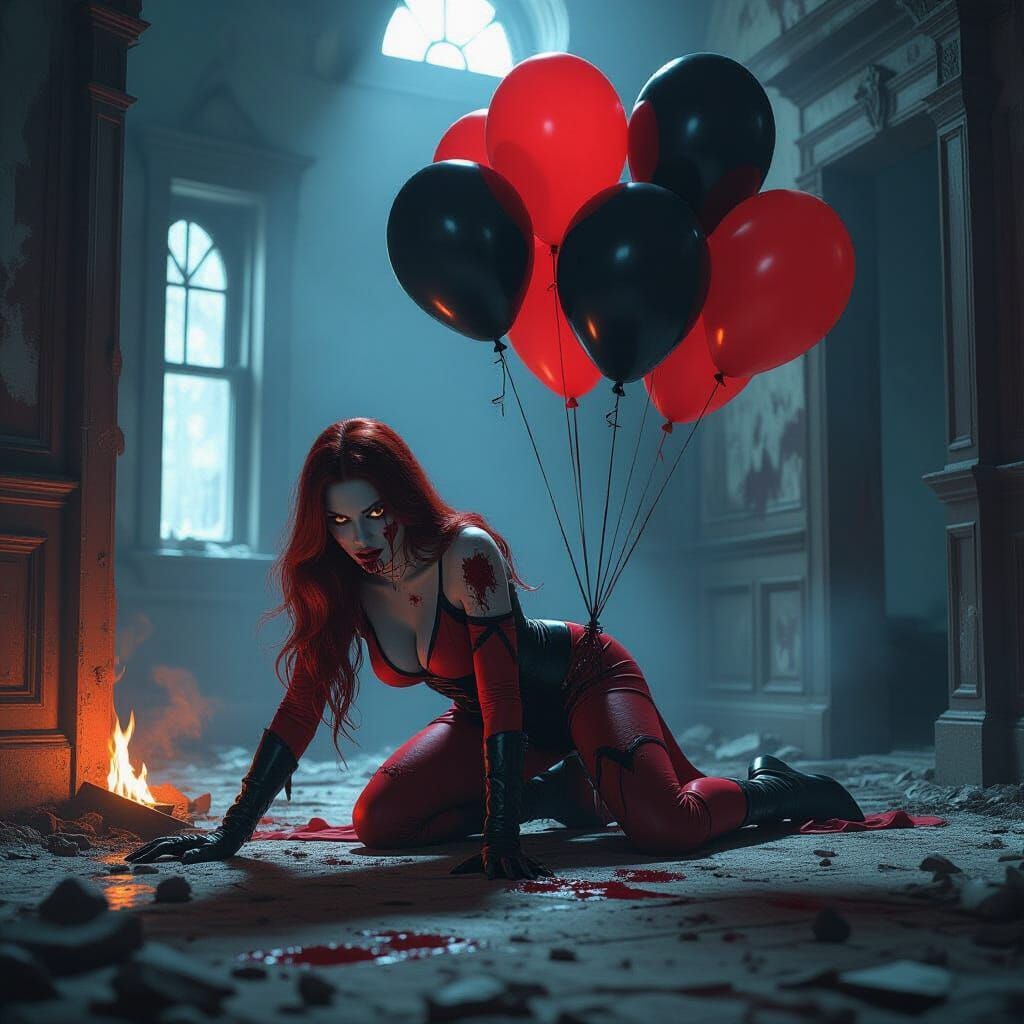 Zombie Scarlet Witch Crawls Among Balloons in Dark House