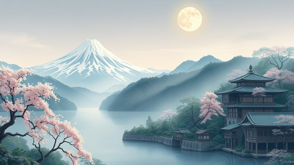 Dreamy Japanese Landscape in Watercolor Style