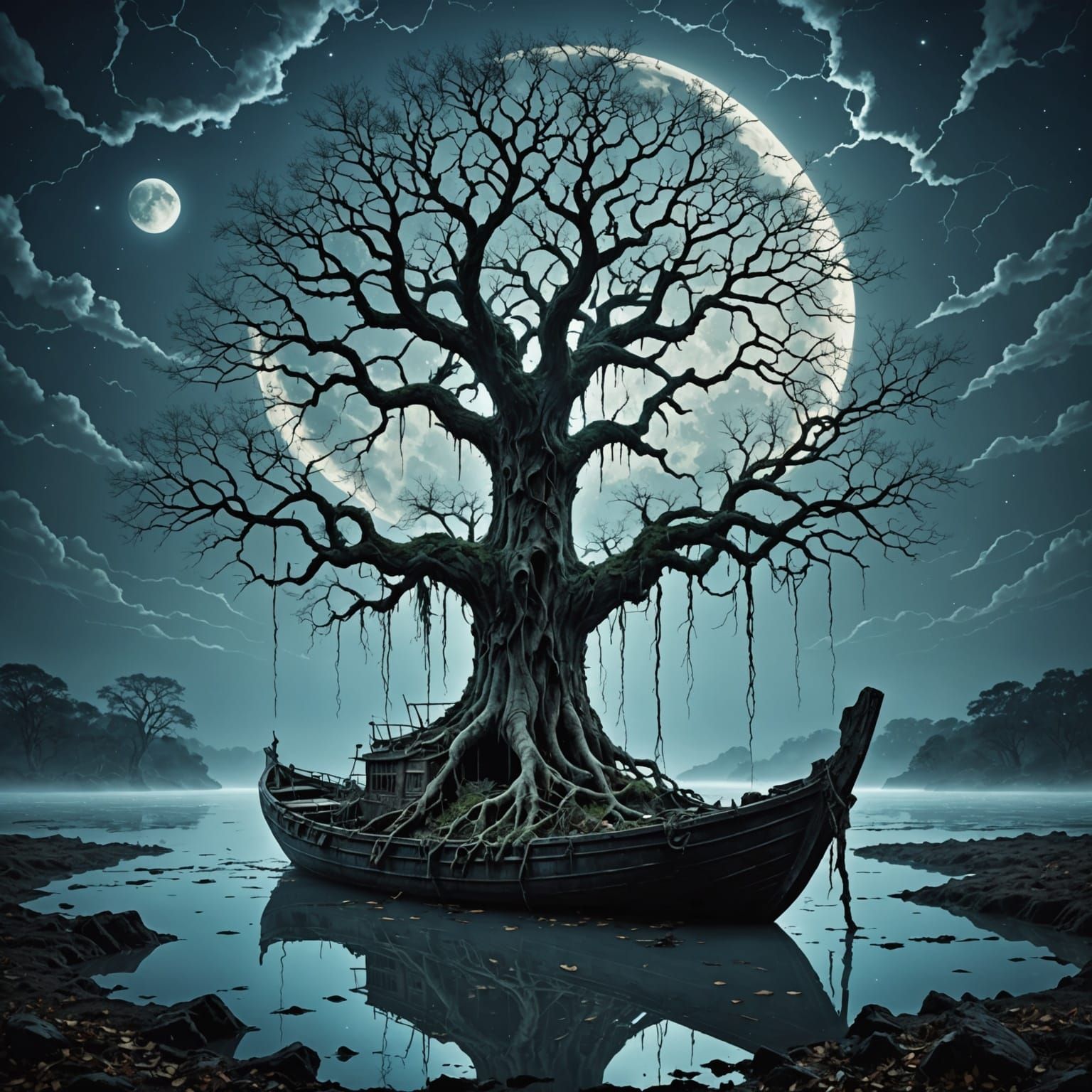 Surreal Upside Down Tree in Moonlit Dreamscape Collage