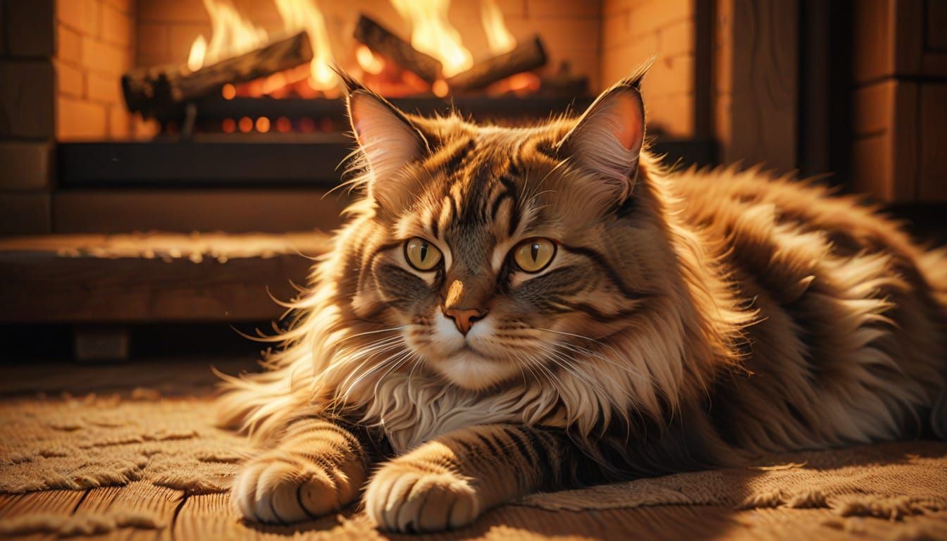 Long-Haired Cat Purring in Warm Golden Light