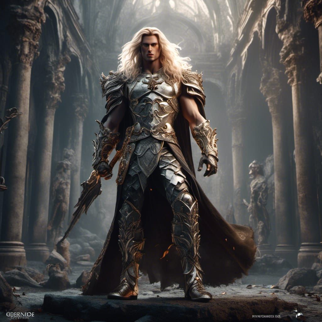 Handsome Warrior in Rococo Armor, Detailed Digital Painting