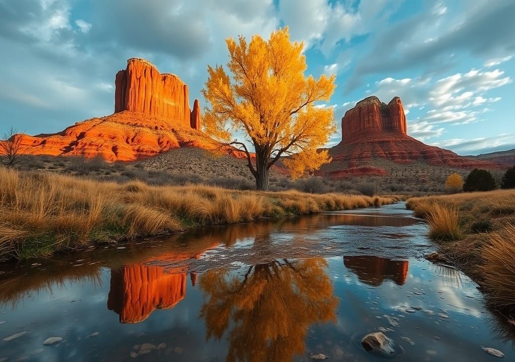 Red Coyote Buttes with Yellow Cottonwood Reflection