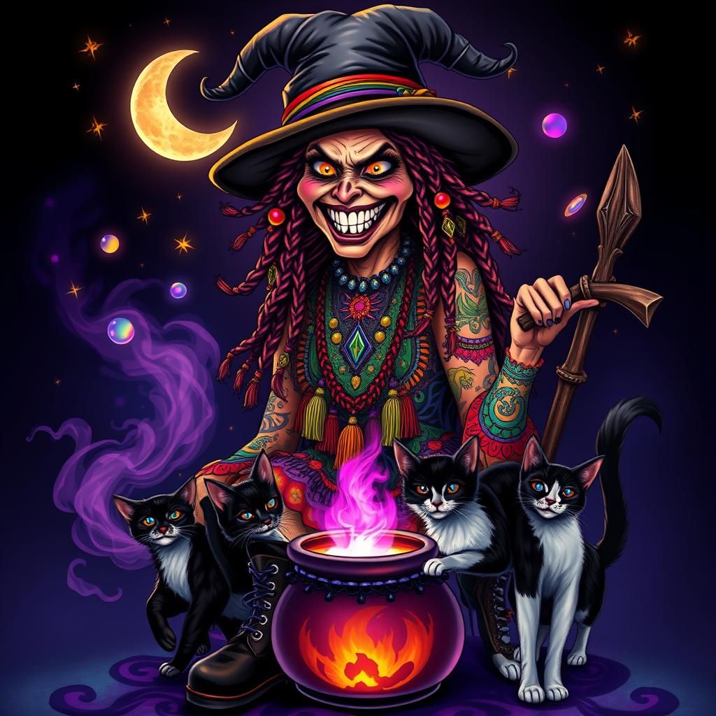 Tattooed Gypsy Witch with Cats in Art Nouveau Style