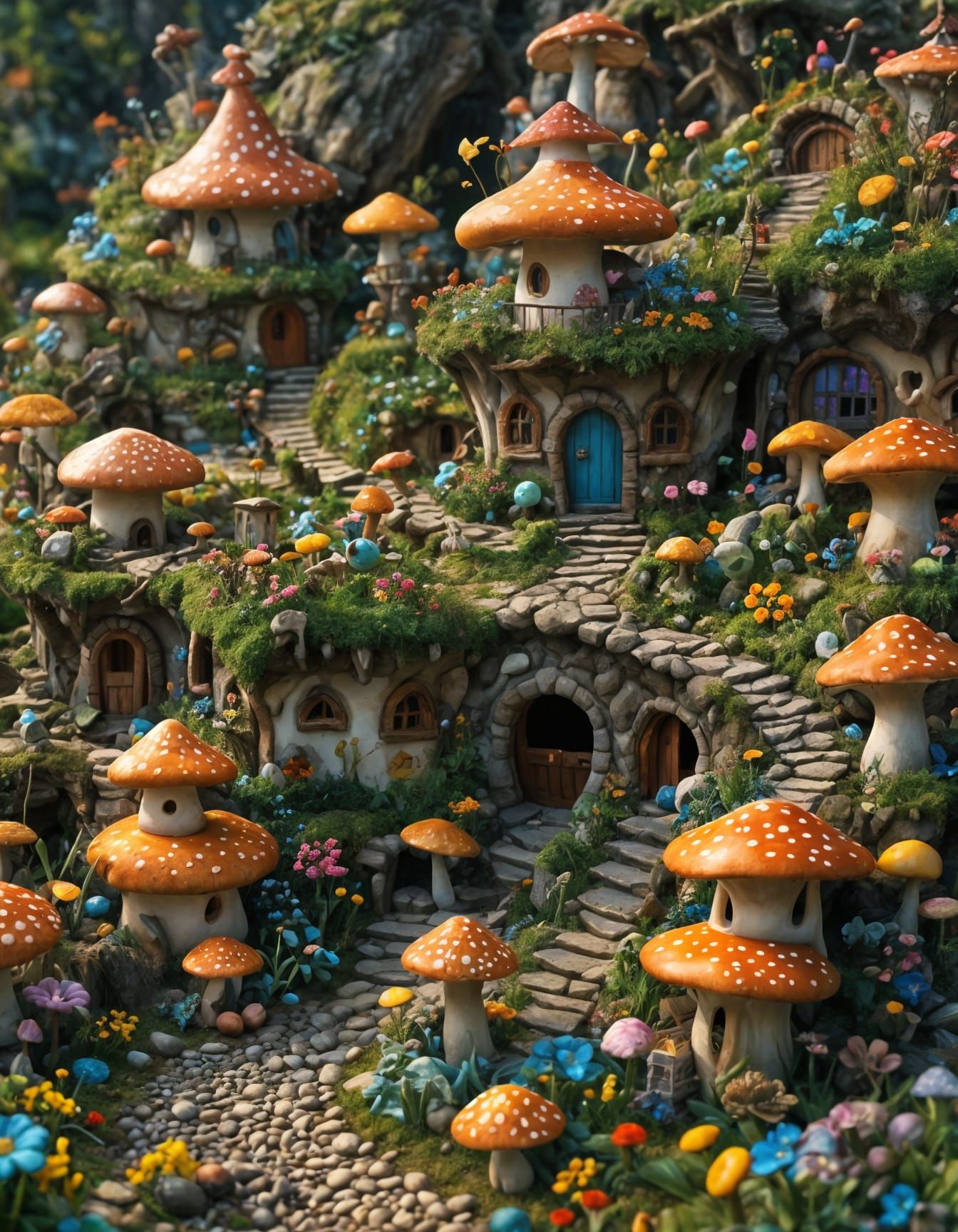 Psychedelic Fairy Village with Mushroom Houses