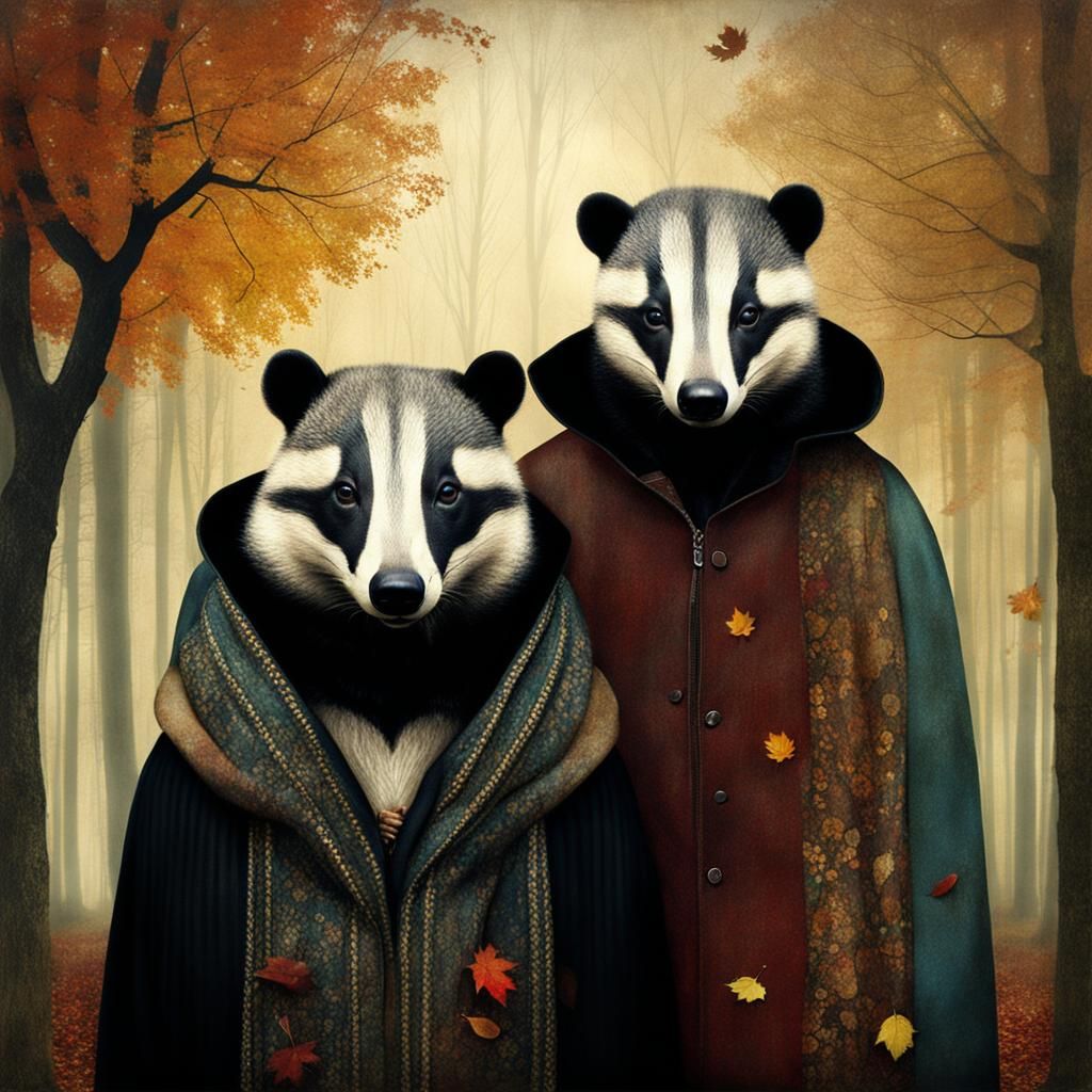 Badgers in a Harvest Season Woodland Scene