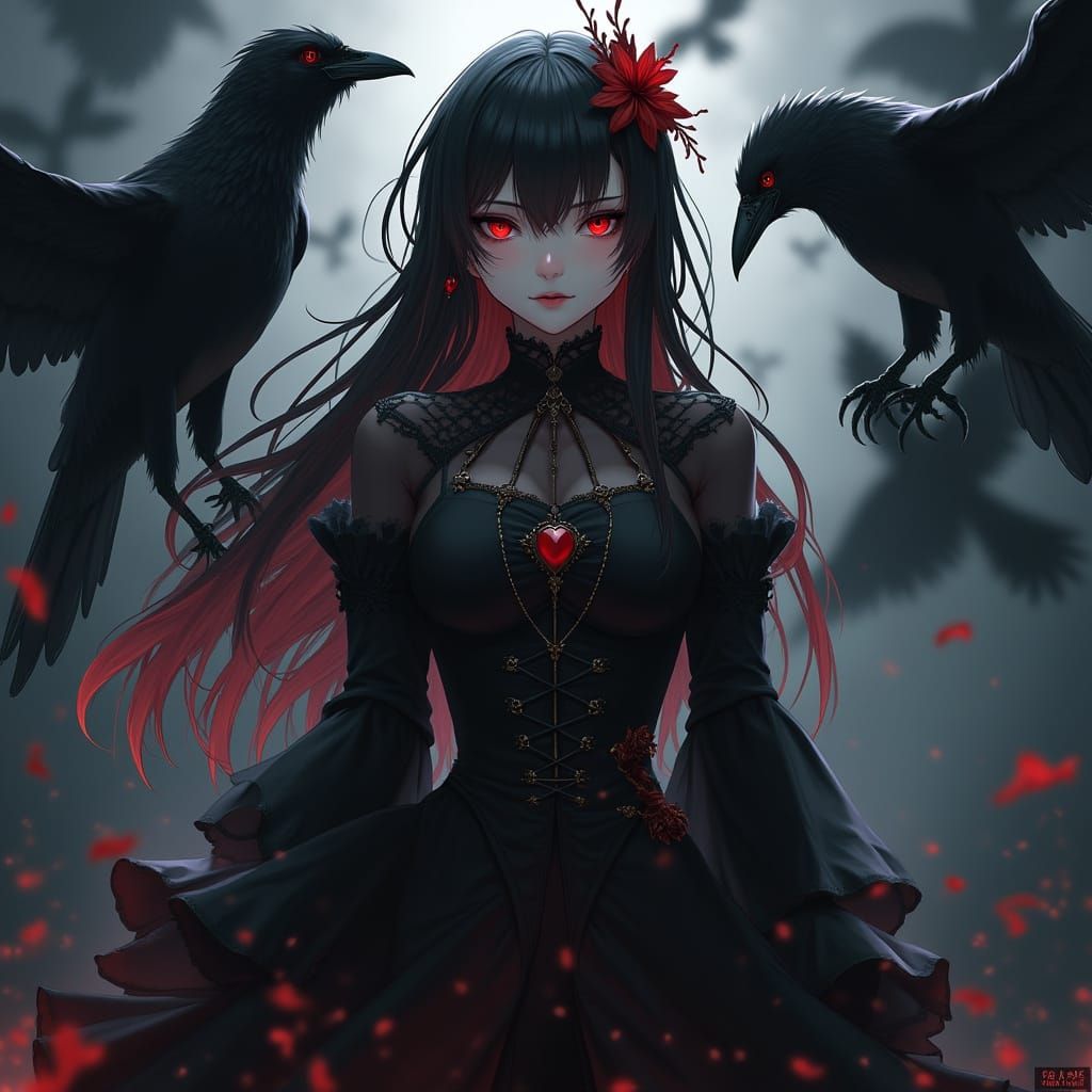 Gothic Anime Elf with Crows in Shinkai Style
