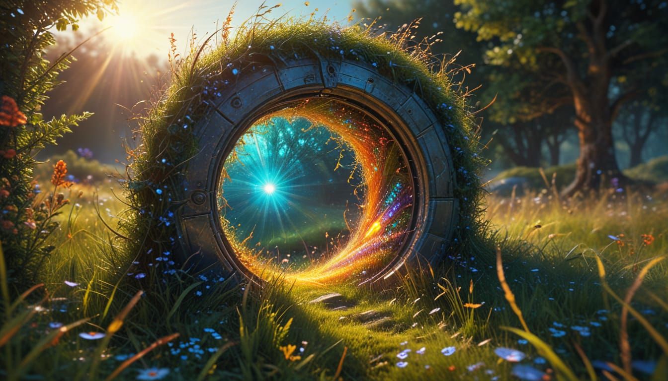 Surreal Meadow Portal in Vibrant Oil Painting