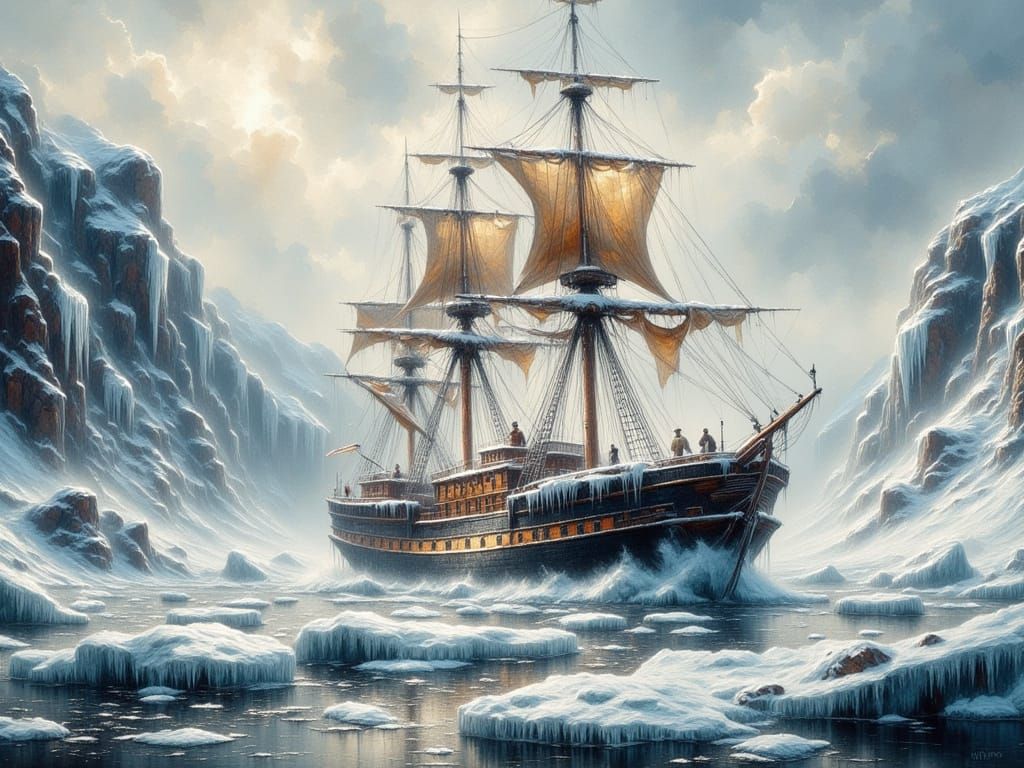 Victorian Ship Trapped in Arctic Ice as Grungy Oil Painting
