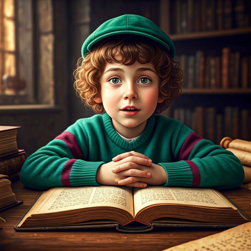 Boy with Green Cap Surrounded by Books