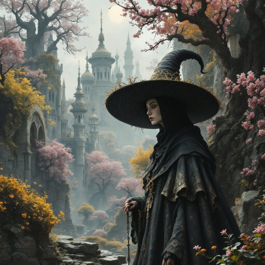Witch in Surreal City with Cherry Trees
