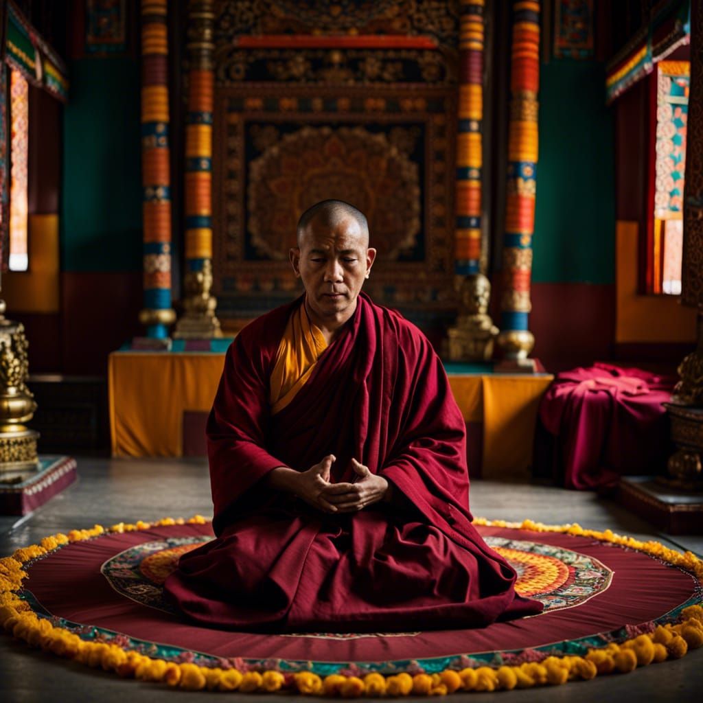 Tibetan Monk Creating Mandala in Watercolor Style
