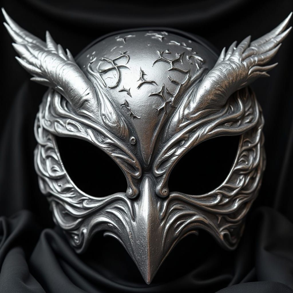 Silver Owl Mask with Swirling Feather Patterns