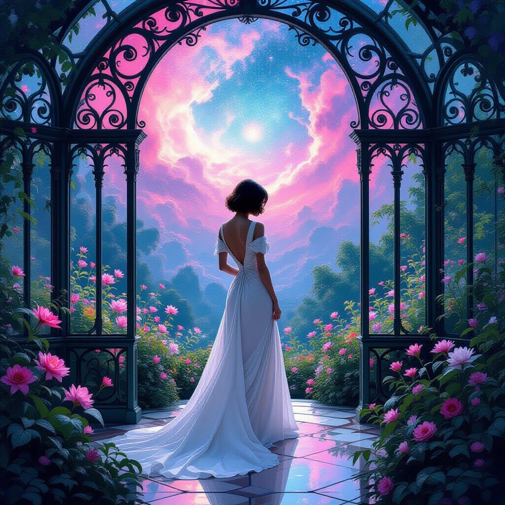 Bioluminescent Garden in Art Nouveau Conservatory