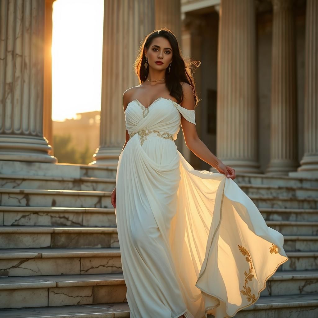 Elegant Model in Grecian Dress, Golden Hour Lighting