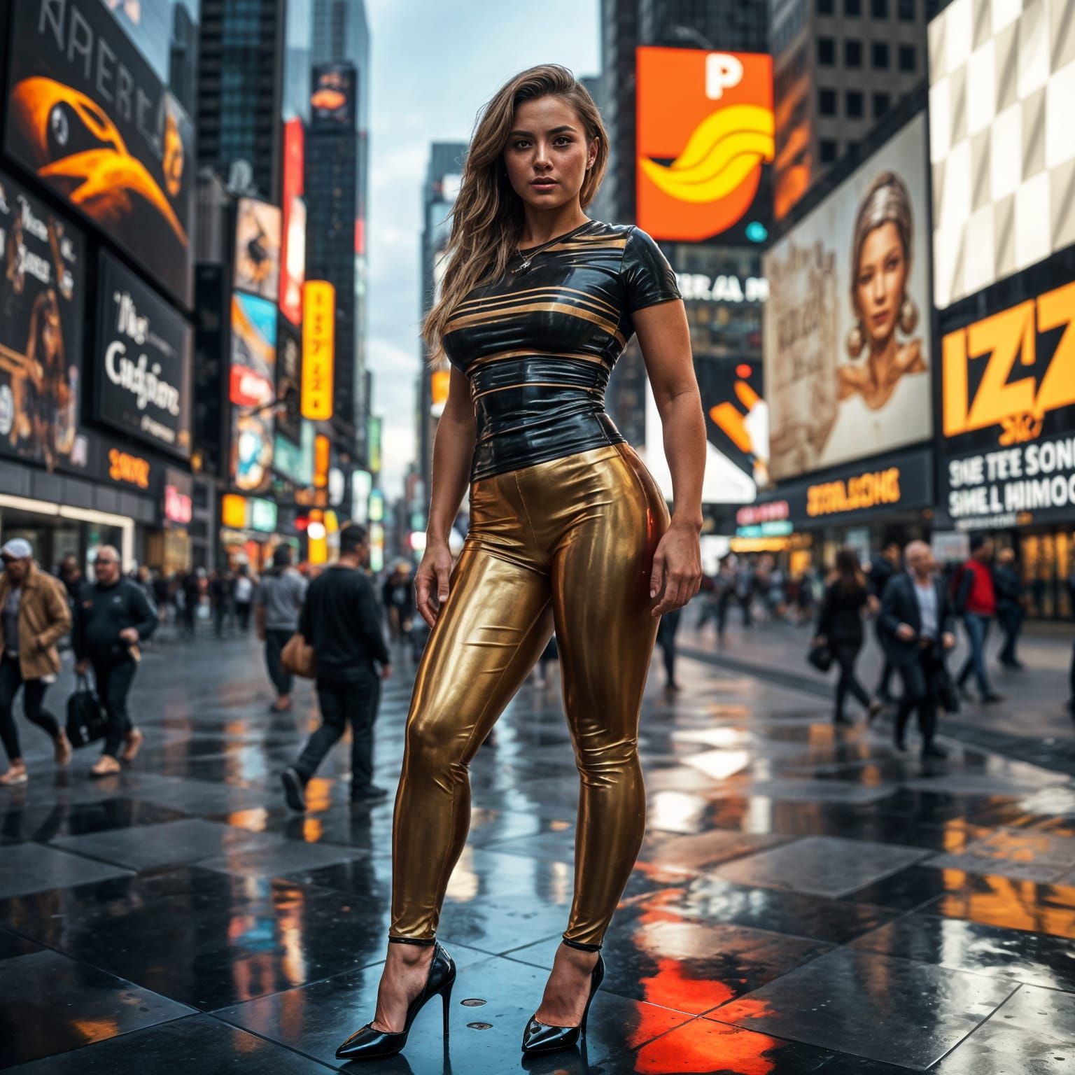 Woman Poses in Striped Latex Outfit in Times Square