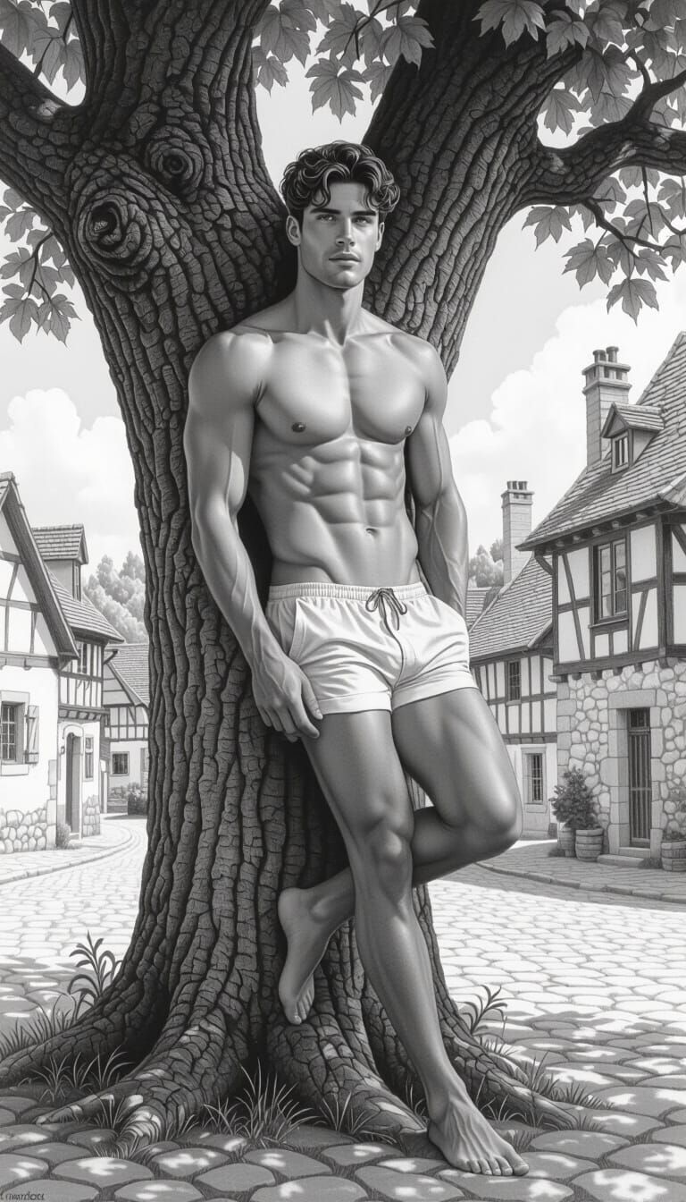 Gay Man Leaning on Oak Tree in Village Square