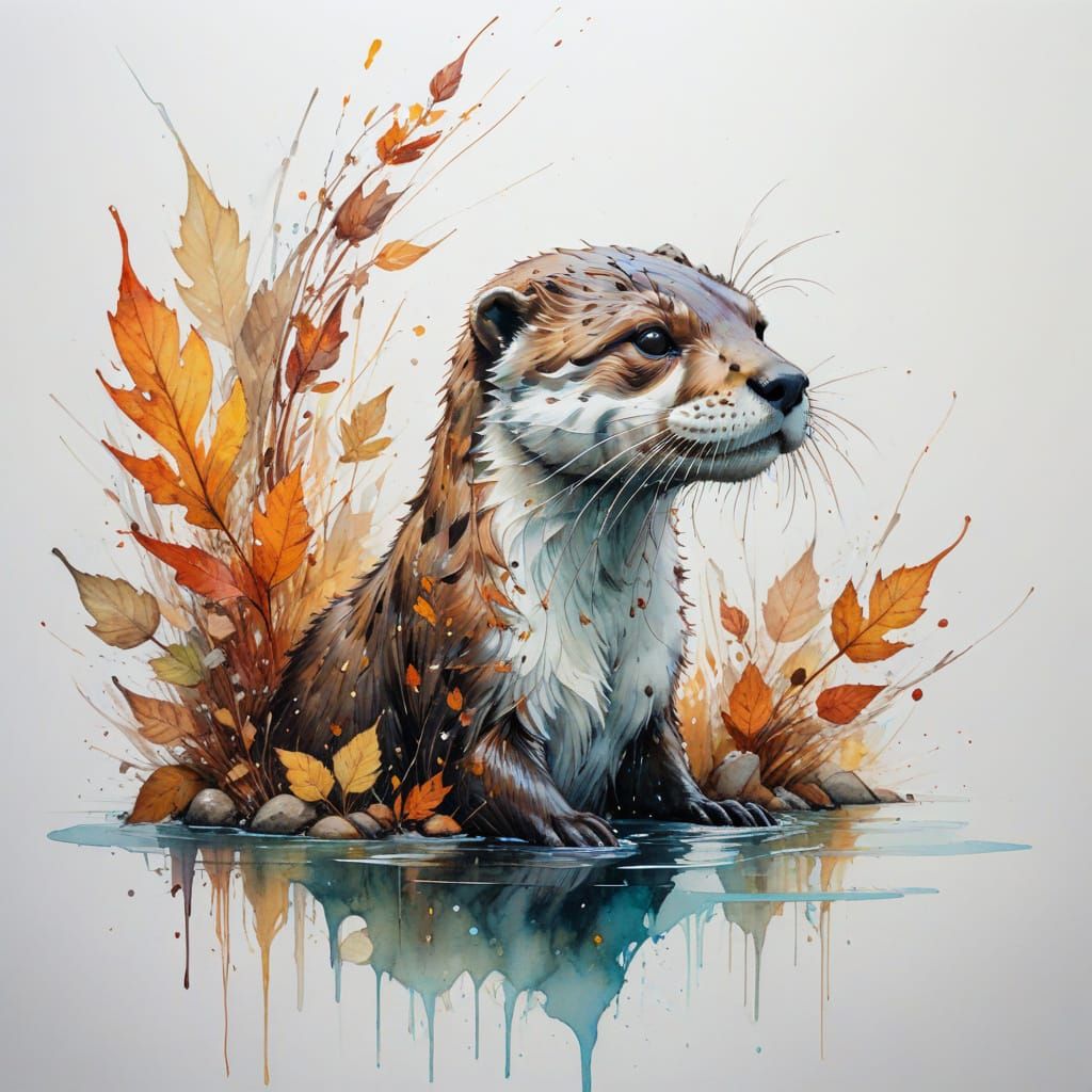 Autumn Riverscape with Otter in Vibrant Watercolour Style