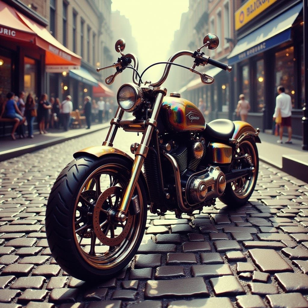 Steampunk Motorcycle in Metallic Colors on Cobblestone Stree...