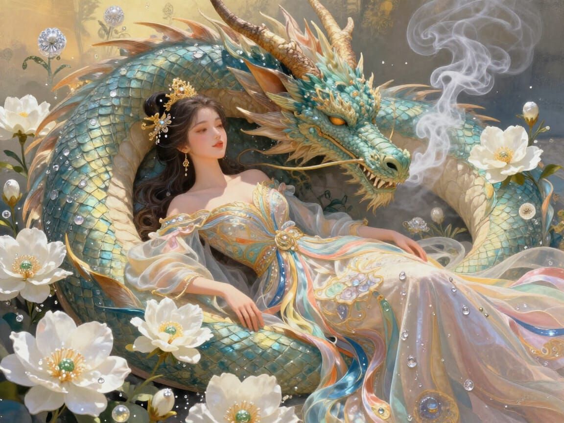 Enchanting Goddess and Dragon in Maximalist Style