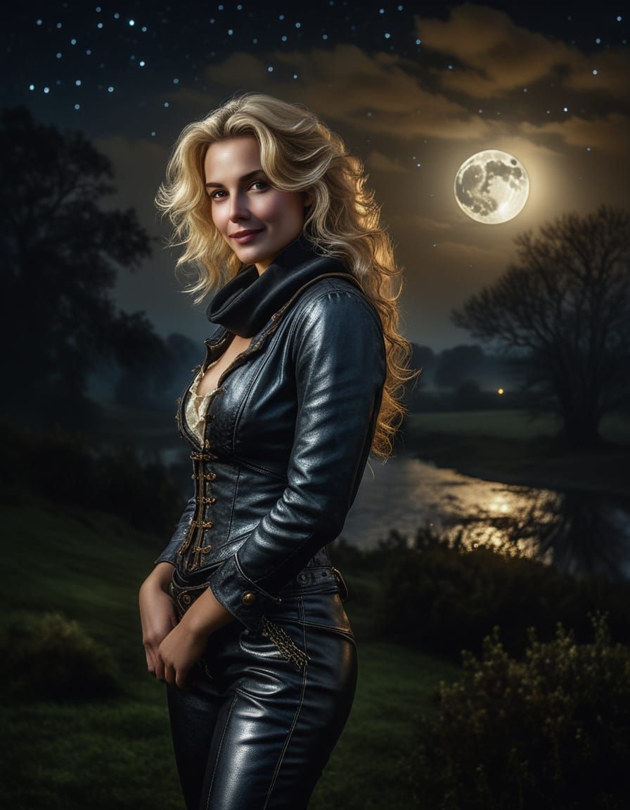 Petite Woman in Misty Night Scene with Soft Lighting