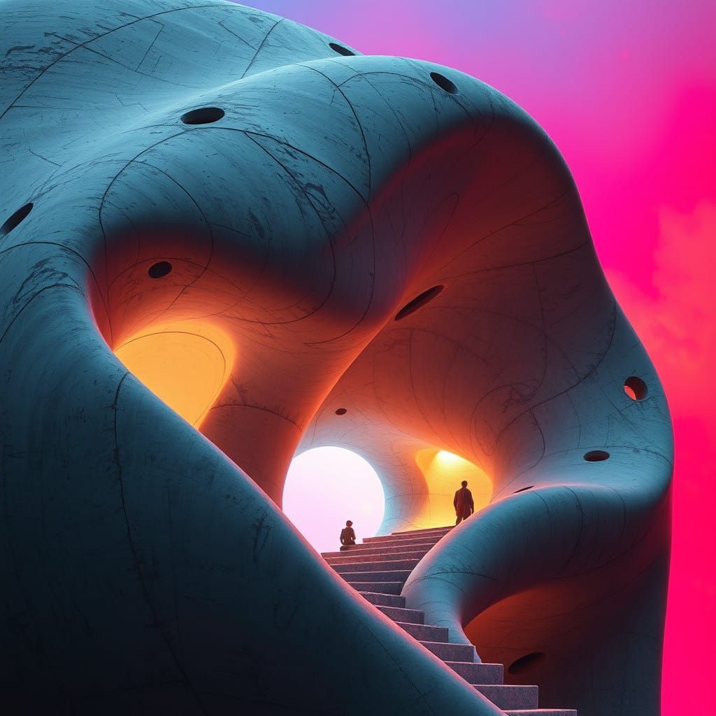 Surreal Cityscape with Undulating Concrete Forms