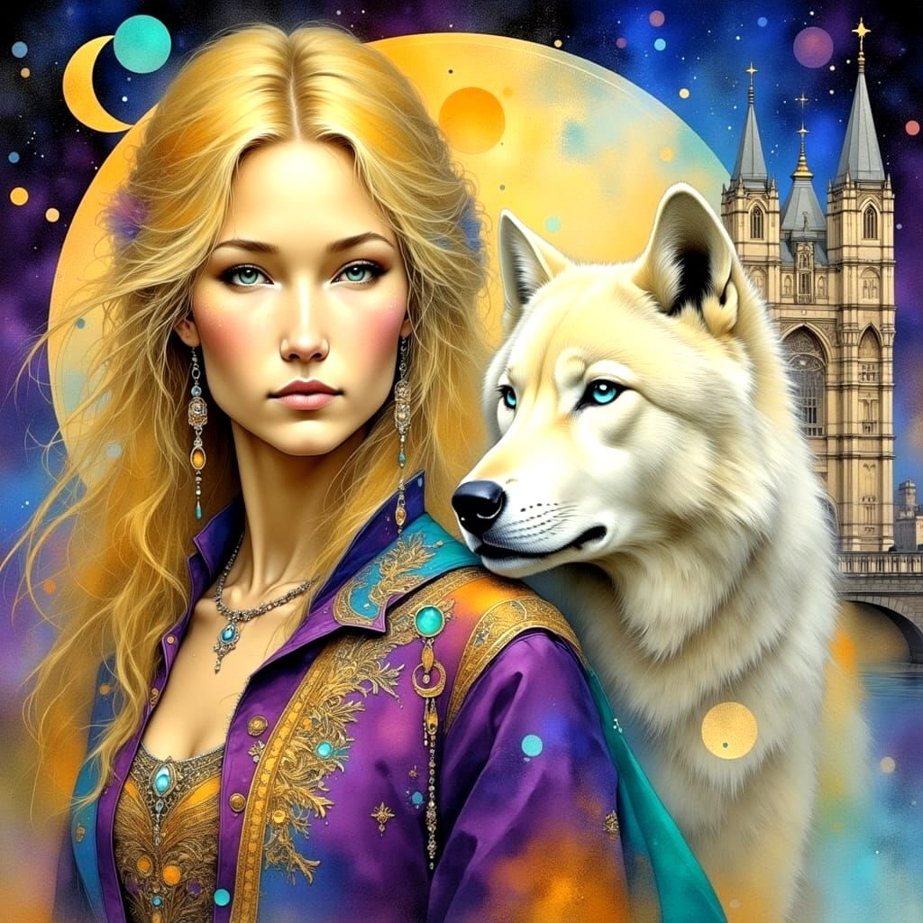 Gorgeous Blond with Majestic White Wolf near Tower Bridge in...
