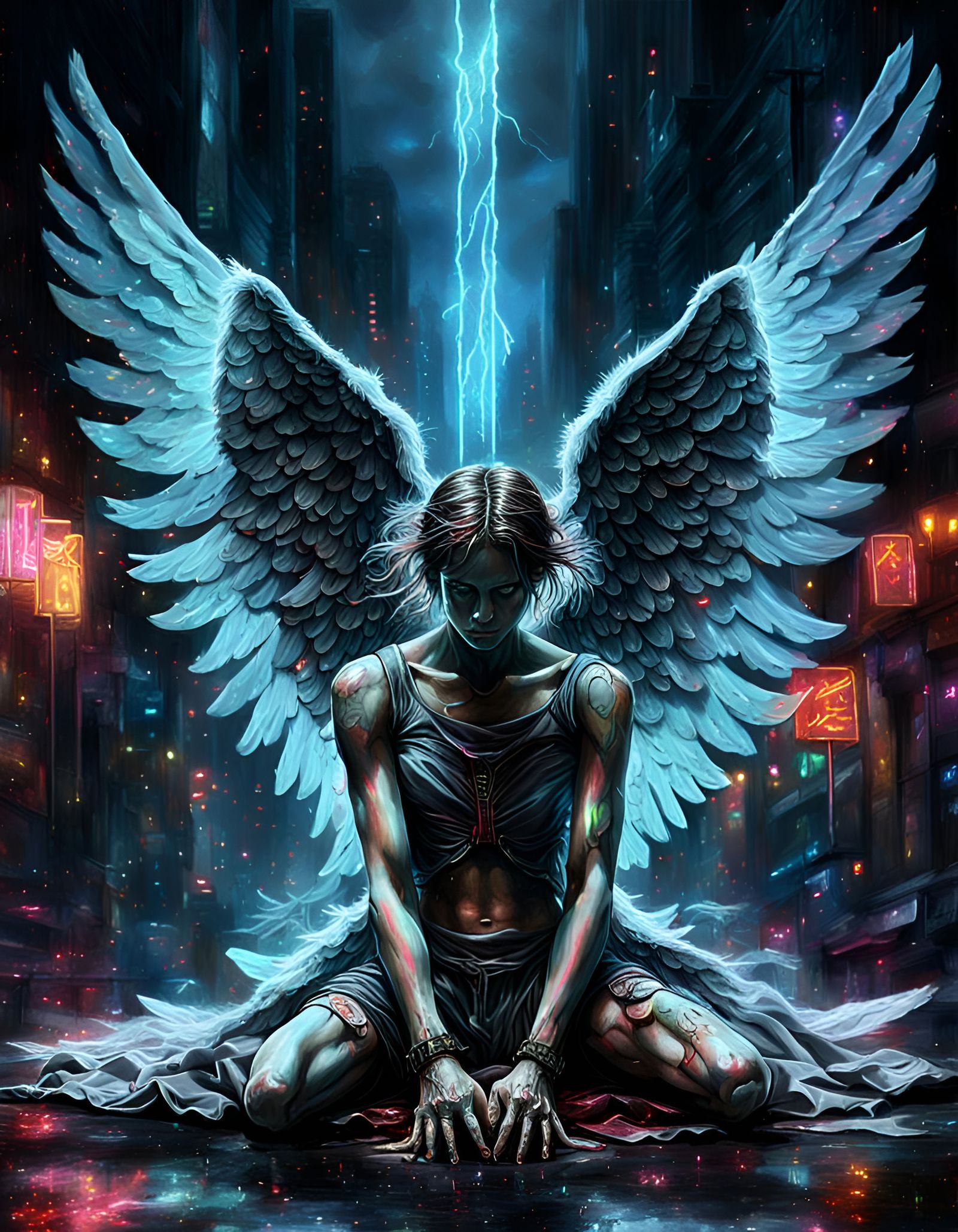 Fallen Angel with Neon Lights in Bio-Punk Style