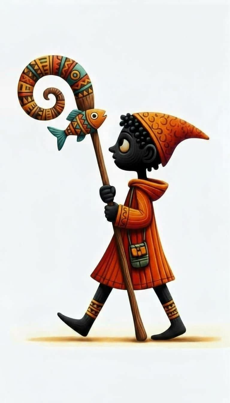 Whimsical Wizard with Fish Staff in Bright Colors