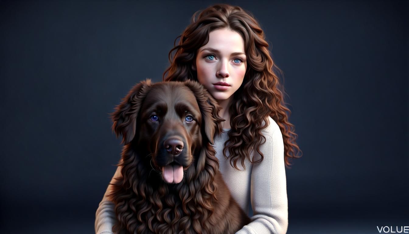 Hyperrealistic Newfoundland Dog and Woman in Autumn
