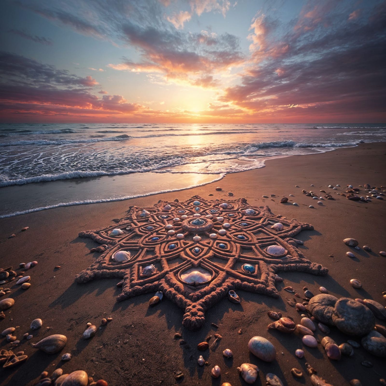 Beach Sand Mandala with Sunset Highlights