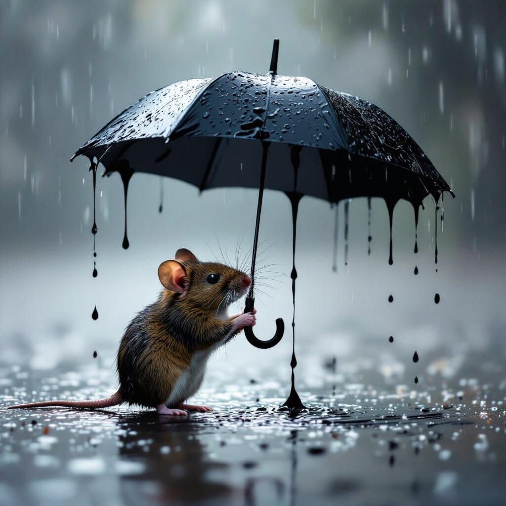 Mouse in the Rain with Ink Umbrella