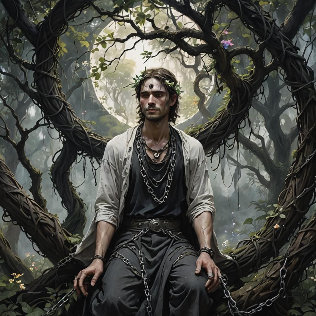 "A young white male Heyoka empath kneels, bound in chains, y...