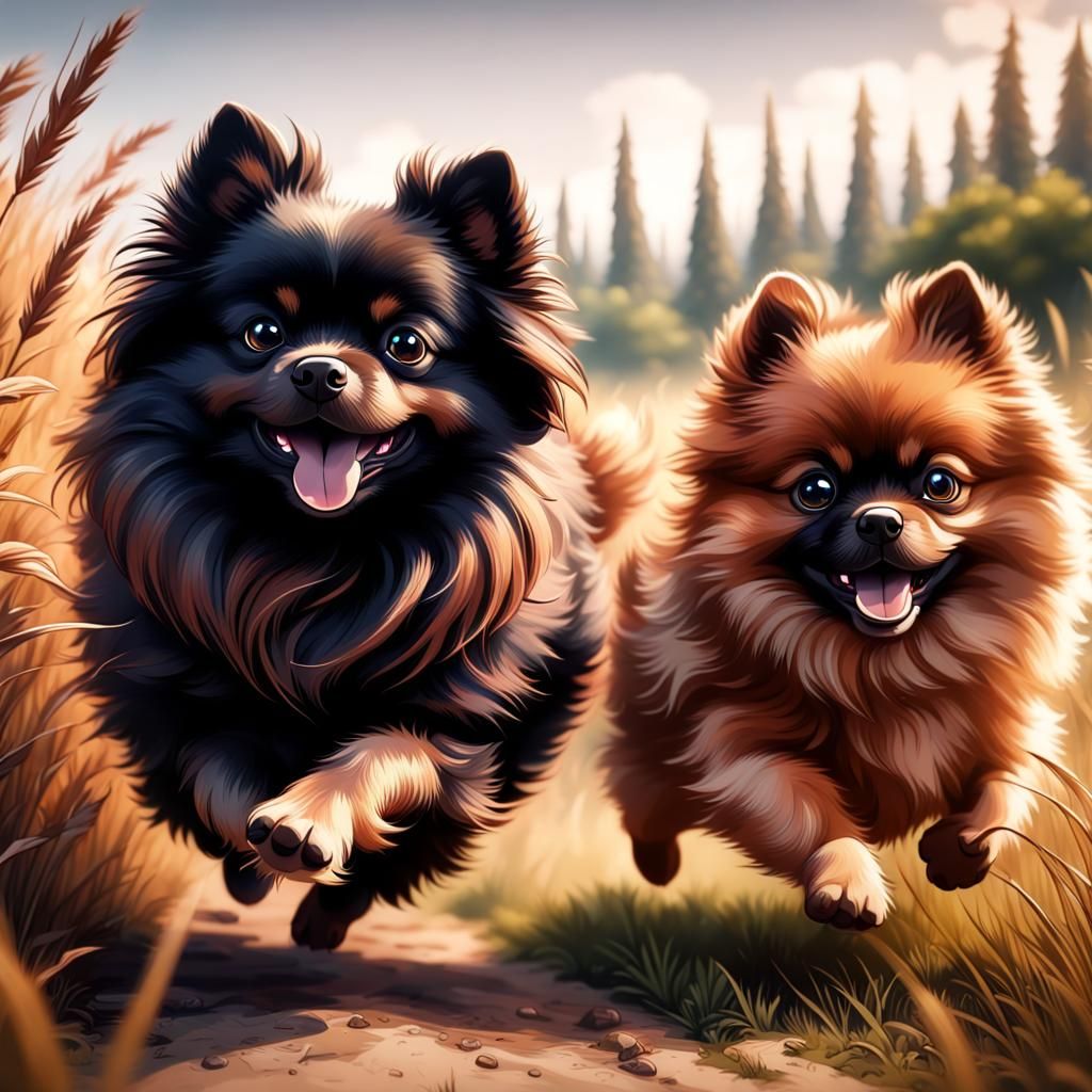 Pomeranians Playing in High Grass: Fantasy Concept Art