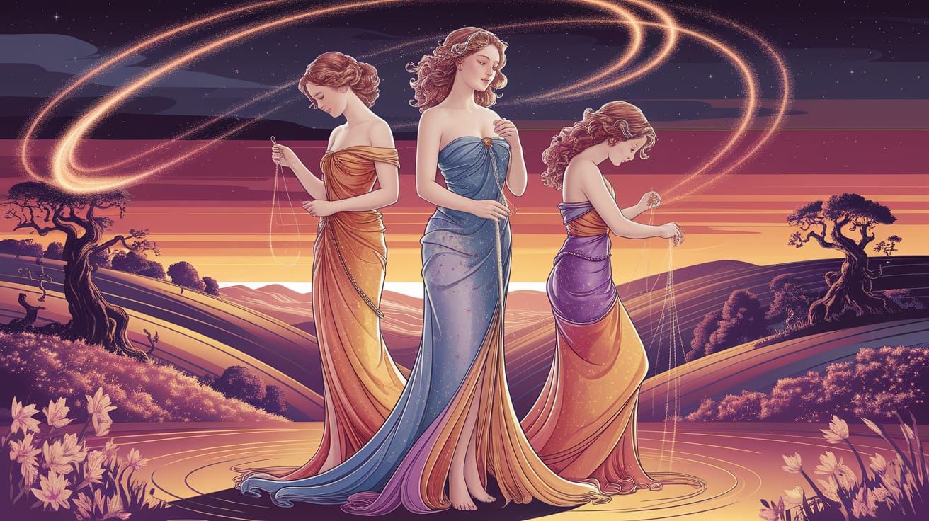 Three Fates Spinning Destiny in Cosmic Art Nouveau Style