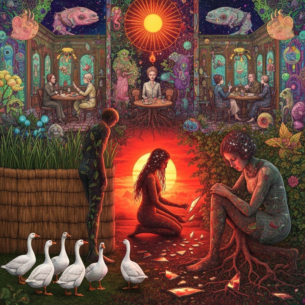 Folkloric Robot & Twins in Eco-Art Garden, 1920s Style