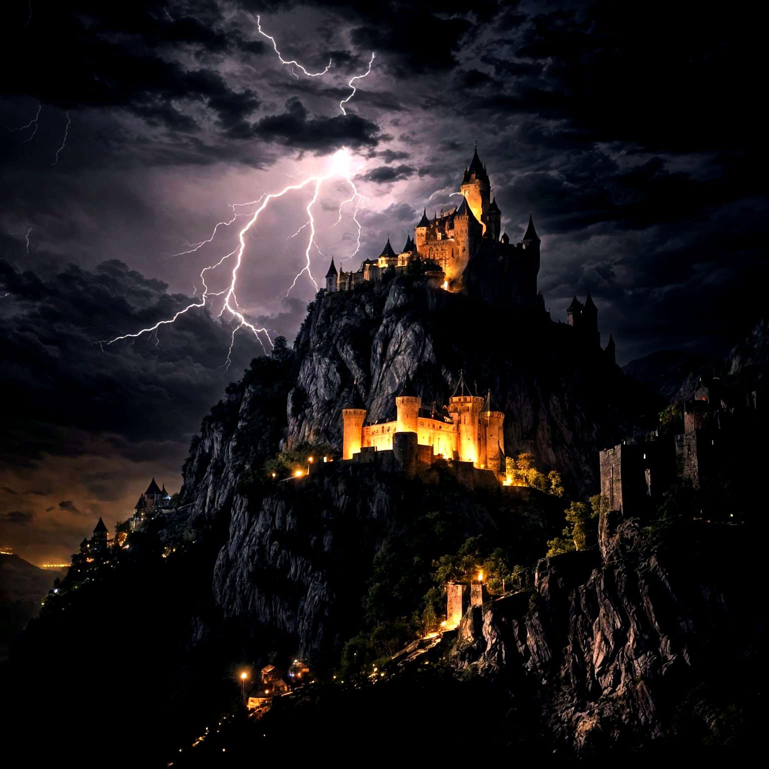 Castle Under Siege During Thunderstorm