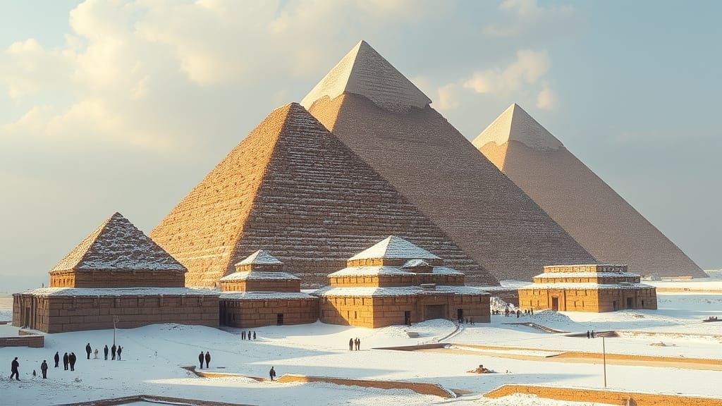 Giza Pyramids Covered in Snow: Photorealistic Rendering