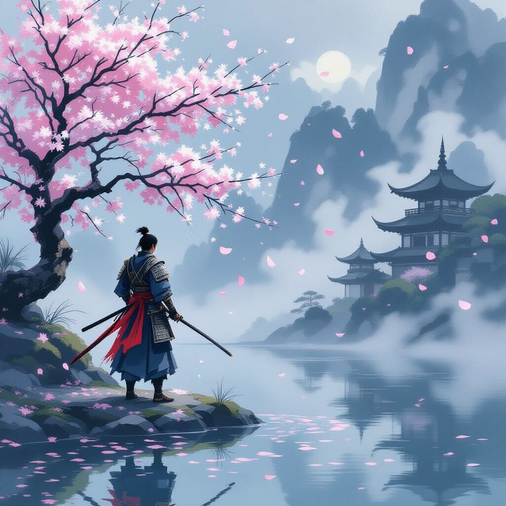 Samurai Contemplating Floating Island in Sumi-e Style