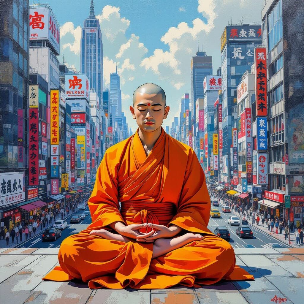 Buddhist Monk Meditating in City, Impressionist Gouache