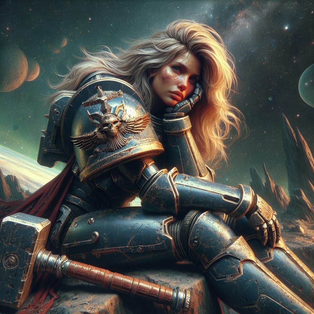 Space Marine Woman Resting in Space, Digital Art