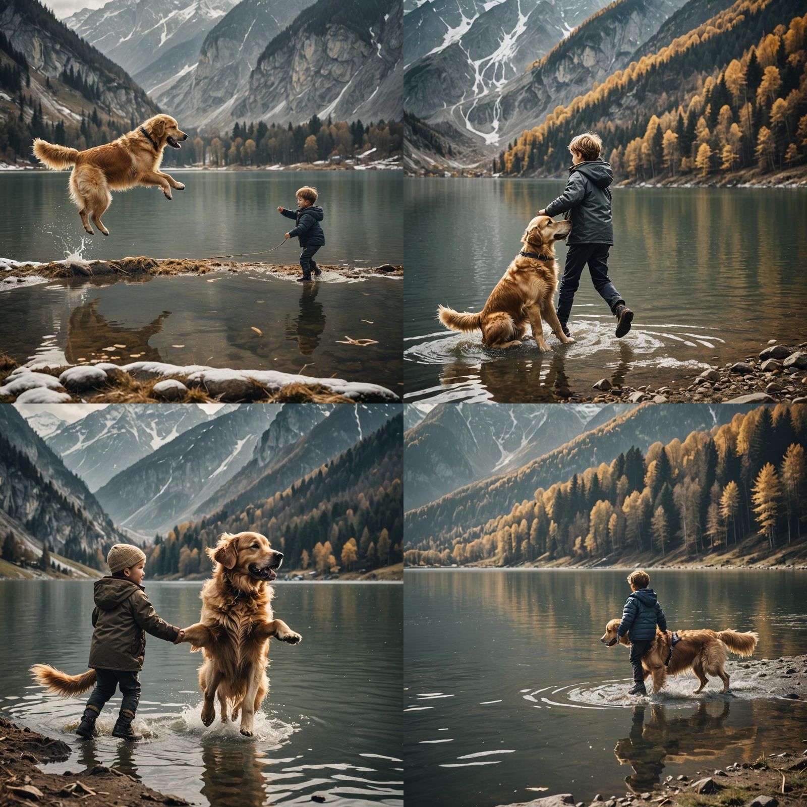 Child and Golden Retriever by Lake with Sailboat