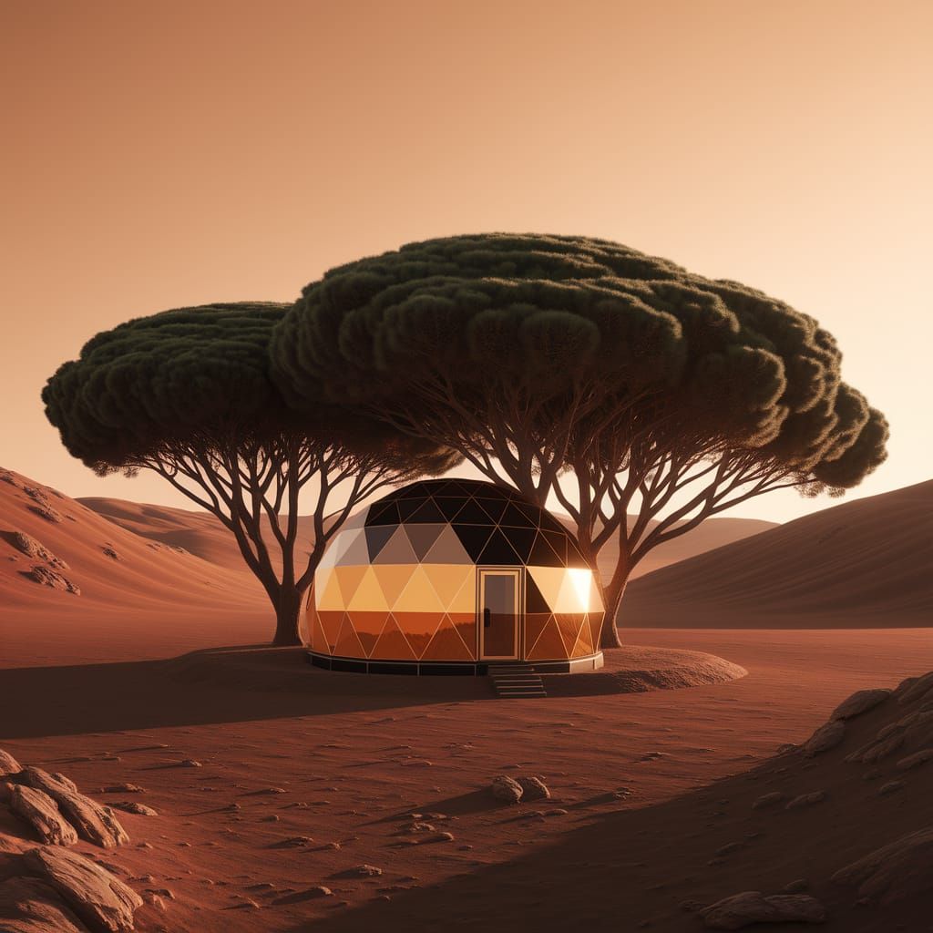 Martian Survival Dome Amidst Alien Grove at Sunset