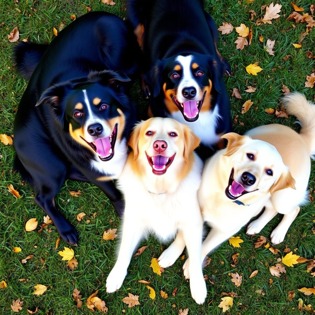 Happy Dogs in Autumn Landscape