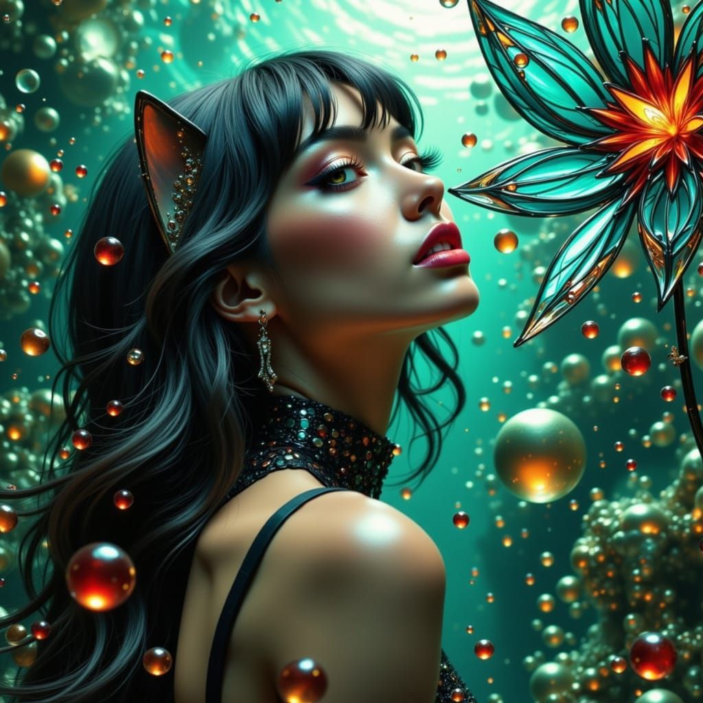 Hajime Sorayama + David Hockney + Blade Runner aesthetic, where Sorayama's chrome rendering technique creates liquid-met...