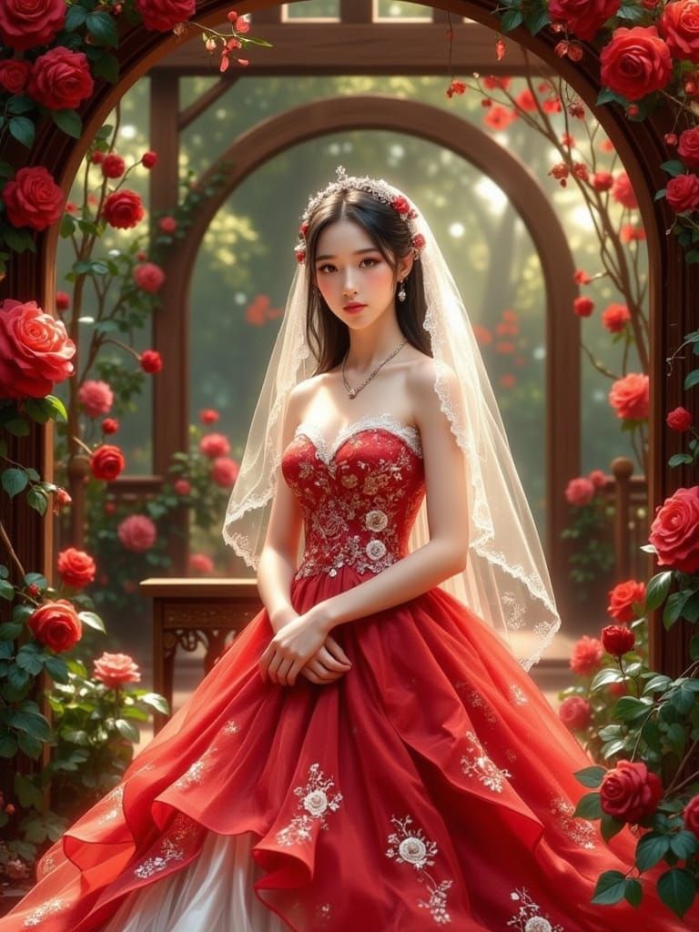 Korean Woman in Traditional Red Wedding Dress