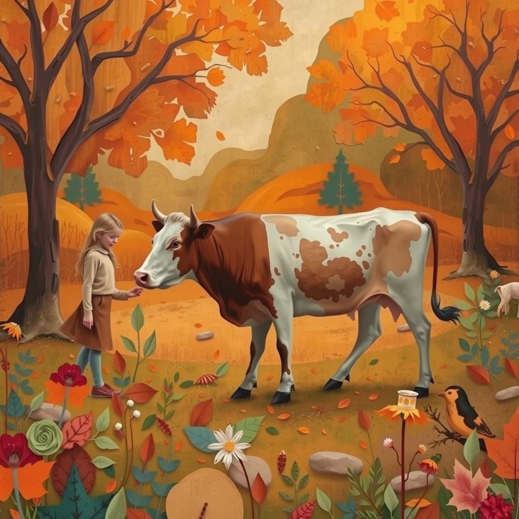 Autumnal Landscape with Cow and Girl in Earthy Tones