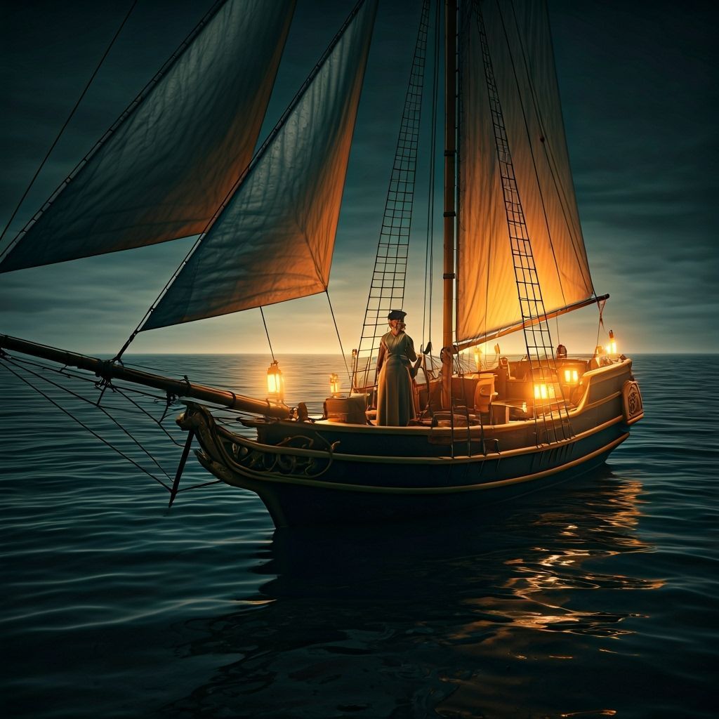 Vintage Ship Navigating Dark Seas with Lantern Light