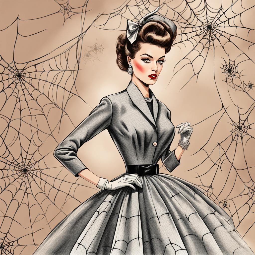 50s Fashion Illustration with Spiderweb Outfit